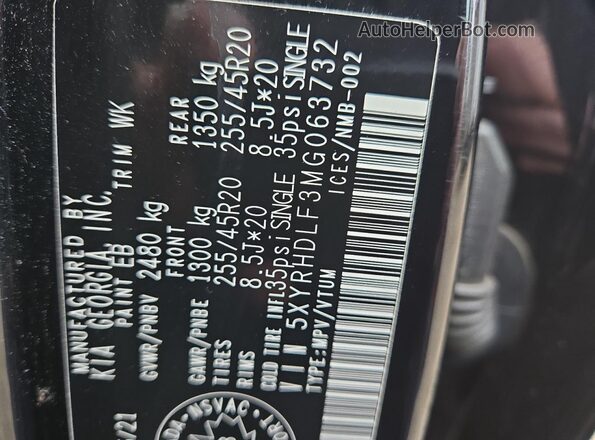 5XYRHDLF3MG063732 2021 KIA SORENTO Black Vista de la etiqueta del VIN