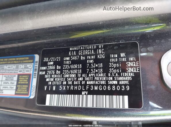 5XYRHDLF3MG068039 2021 KIA SORENTO Black Engine compartment view
