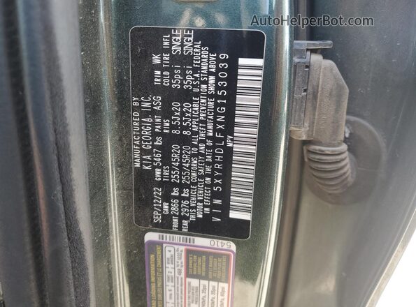 5XYRHDLFXNG153039 2022 KIA SORENTO Green Widok naklejki z numerem VIN