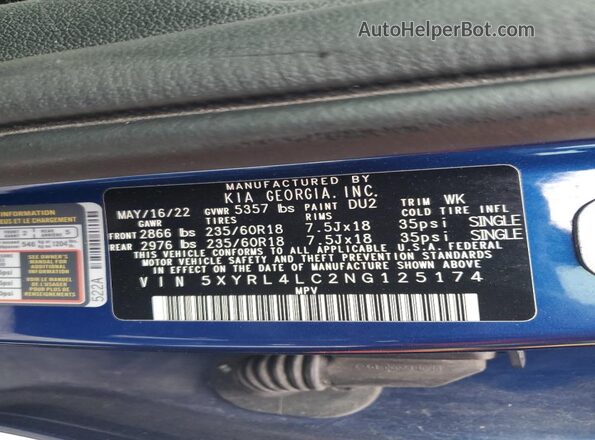 5XYRL4LC2NG125174 2022 KIA SORENTO Синий Вид наклейки с VIN-кодом