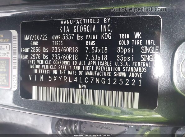 5XYRL4LC7NG125221 2022 KIA SORENTO Gray Engine compartment view