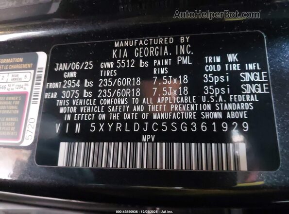 5XYRLDJC5SG361929 2025 KIA SORENTO Black Вид підкапотного простору