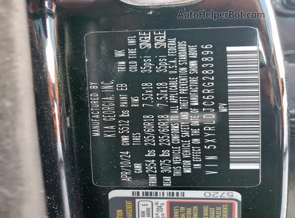 5XYRLDJC6RG283896 2024 KIA SORENTO Black Widok naklejki z numerem VIN