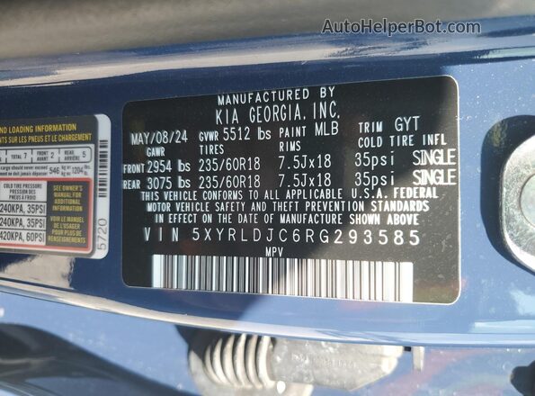 5XYRLDJC6RG293585 2024 KIA SORENTO Blue Widok naklejki z numerem VIN