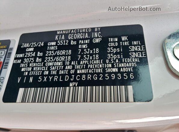 5XYRLDJC8RG259356 2024 KIA SORENTO White Вид наклейки з VIN-кодом