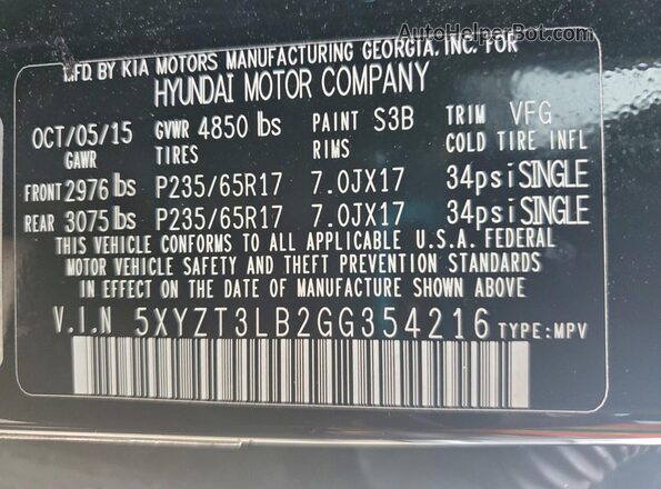 5XYZT3LB2GG354216 2016 HYUNDAI SANTA Black Вид наклейки з VIN-кодом