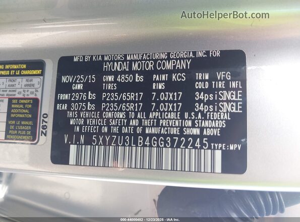 5XYZU3LB4GG372245 2016 HYUNDAI SANTA FE SPORT Silver Vista del compartimento del motor