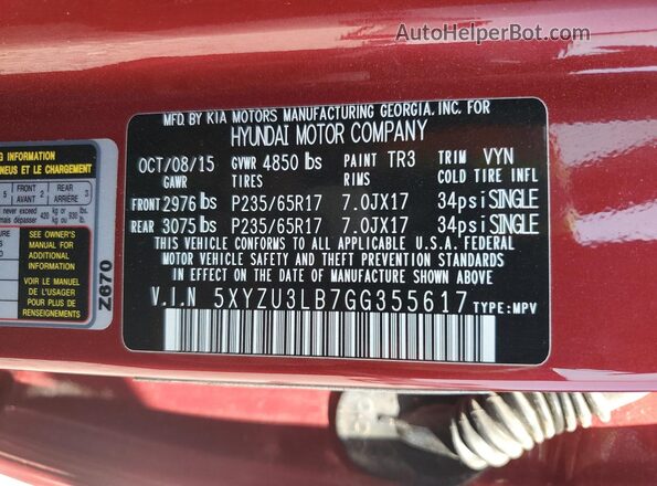 5XYZU3LB7GG355617 2016 HYUNDAI SANTA Red Սալոնի 360 աստիճան տեսք