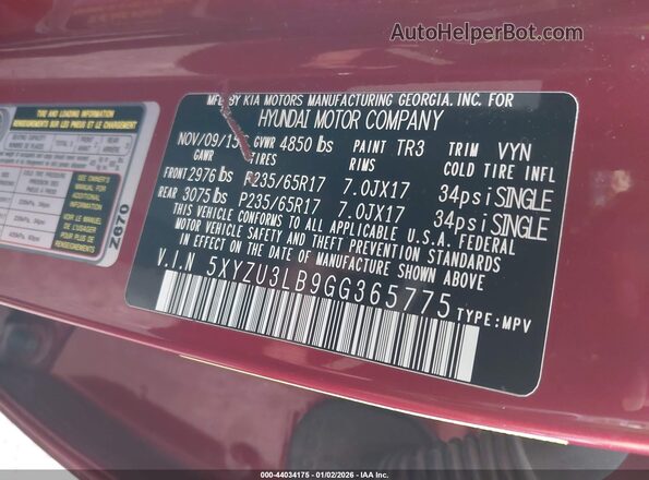 5XYZU3LB9GG365775 2016 HYUNDAI SANTA FE SPORT Red Engine compartment view