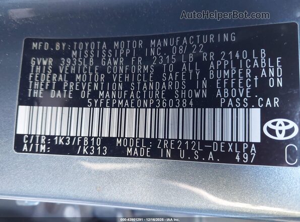 5YFEPMAE0NP360384 2022 TOYOTA LL Blue Вид підкапотного простору