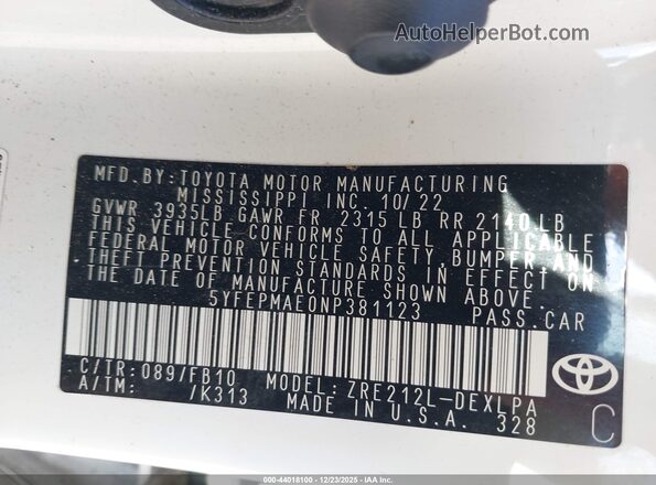 5YFEPMAE0NP381123 2022 TOYOTA LL Белый Вид подкапотного пространства