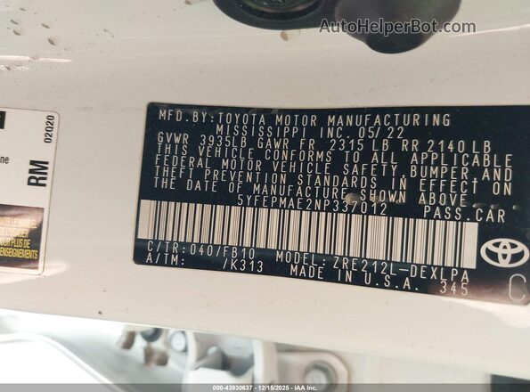 5YFEPMAE2NP337012 2022 TOYOTA LL Белый Вид подкапотного пространства
