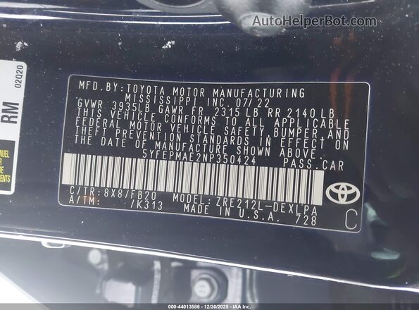 5YFEPMAE2NP350424 2022 TOYOTA LL Blue Շարժիչի բաժամունքի տեսք