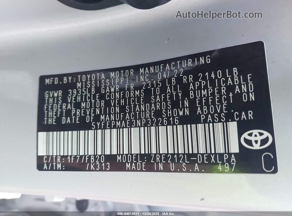 5YFEPMAE3NP322616 2022 TOYOTA LL Серебряный Вид подкапотного пространства