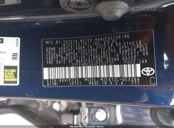 5YFP4MCE4SP233731 2025 TOYOTA LL Dark Blue Вид підкапотного простору