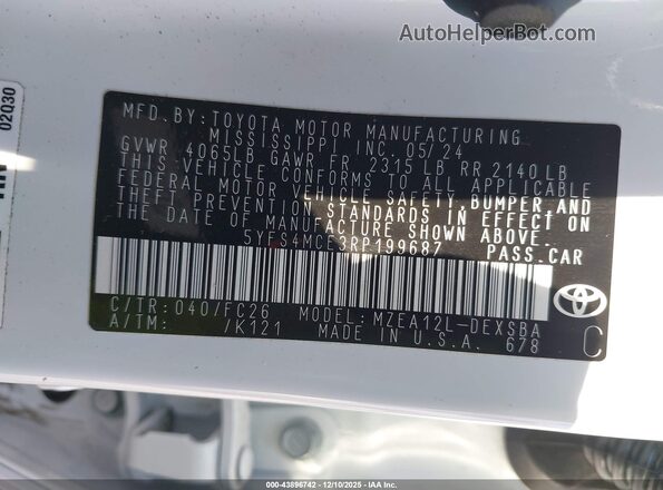 5YFS4MCE3RP199687 2024 TOYOTA LL White Вид підкапотного простору