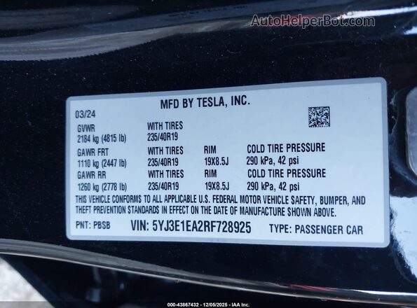 5YJ3E1EA2RF728925 2024 TESLA MODEL 3 Black ძრავის განყოფილების ხედი
