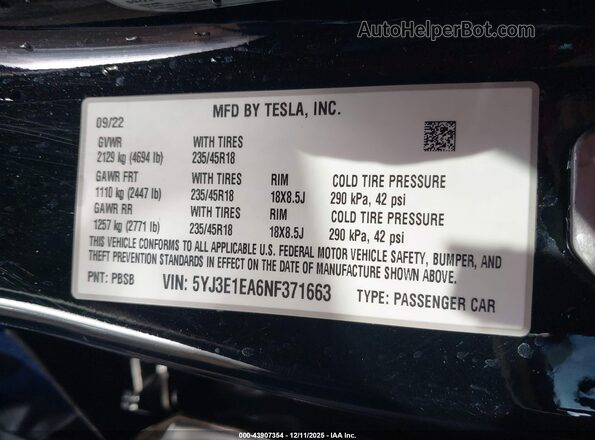 5YJ3E1EA6NF371663 2022 TESLA MODEL 3 Black Engine compartment view