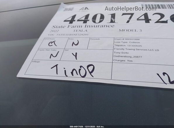 5YJ3E1EB1NF329295 2022 TESLA MODEL 3 White Widok tylnych siedzeń