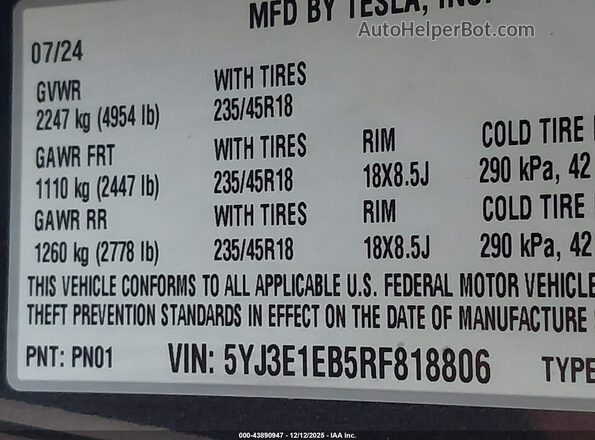 5YJ3E1EB5RF818806 2024 TESLA MODEL 3 Gray Вид підкапотного простору