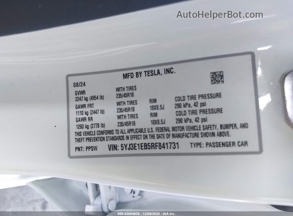 5YJ3E1EB5RF841731 2024 TESLA MODEL 3 White Շարժիչի բաժամունքի տեսք