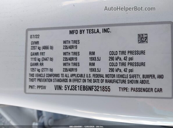 5YJ3E1EB6NF321855 2022 TESLA MODEL 3 White Вид підкапотного простору