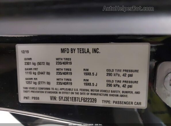 5YJ3E1EB7LF622339 2020 TESLA MODEL 3 Black Engine compartment view
