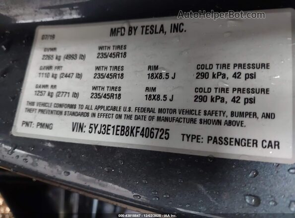 5YJ3E1EB8KF406725 2019 TESLA MODEL 3 Gray Engine compartment view
