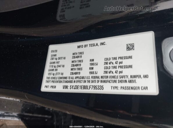 5YJ3E1EB8LF795335 2020 TESLA MODEL 3 Черный Вид подкапотного пространства