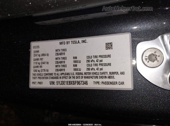 5YJ3E1EBXSF967346 2025 TESLA MODEL 3 Black Widok komory silnika