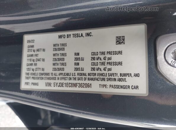 5YJ3E1EC8NF362061 2022 TESLA MODEL 3 Gray Вид підкапотного простору