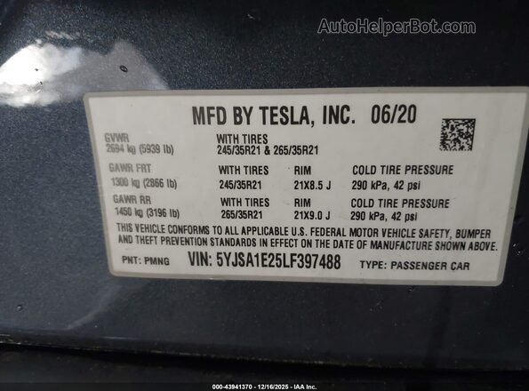 5YJSA1E25LF397488 2020 TESLA MODEL S Gray Vista del compartimento del motor