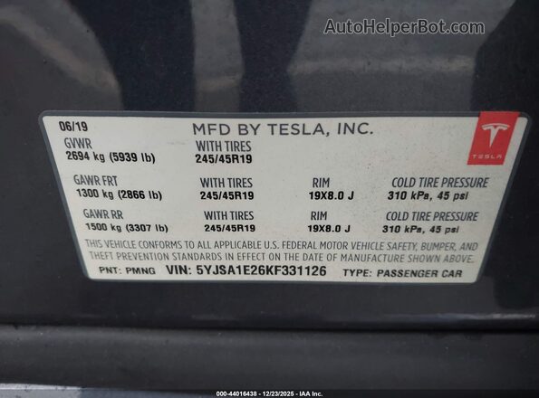 5YJSA1E26KF331126 2019 TESLA MODEL S Gray 