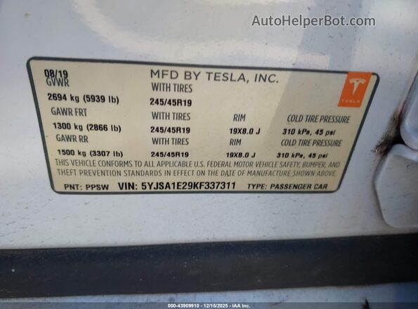5YJSA1E29KF337311 2019 TESLA MODEL S White Вид підкапотного простору