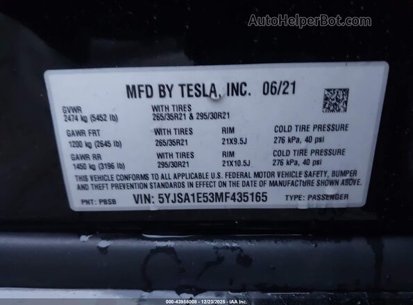 5YJSA1E53MF435165 2021 TESLA MODEL S Черный Вид подкапотного пространства