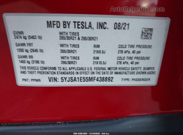 5YJSA1E55MF438892 2021 TESLA MODEL S Красный Вид подкапотного пространства