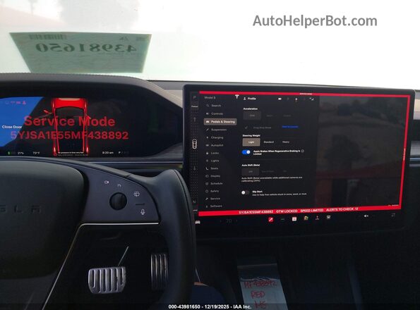 5YJSA1E55MF438892 2021 TESLA MODEL S Красный 