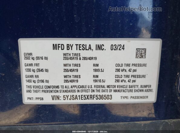 5YJSA1E5XRF536503 2024 TESLA MODEL S Blue Engine compartment view