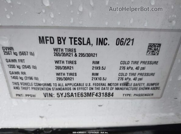 5YJSA1E63MF431884 2021 TESLA MODEL S White Vista del compartimento del motor
