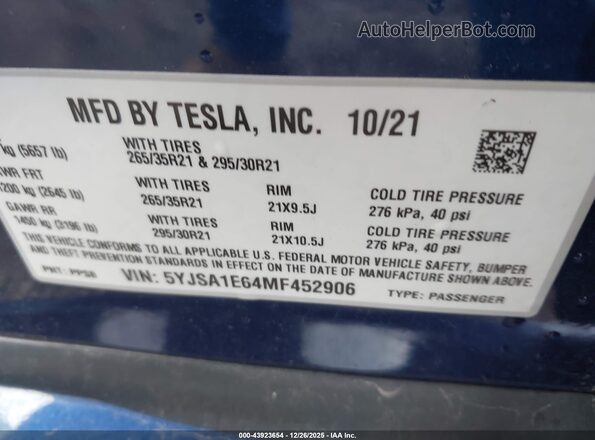 5YJSA1E64MF452906 2021 TESLA MODEL S Blue Вид підкапотного простору
