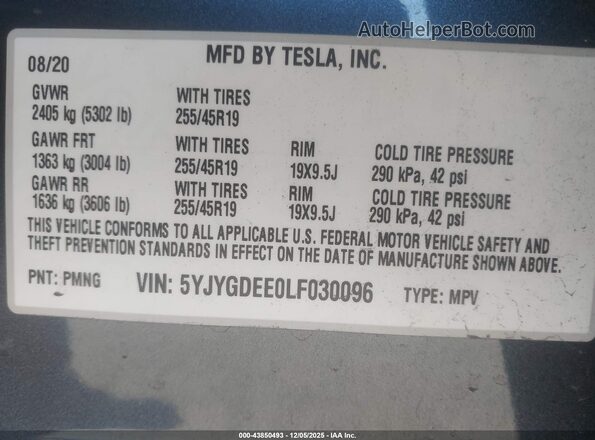 5YJYGDEE0LF030096 2020 TESLA MODEL Y Dark Blue 