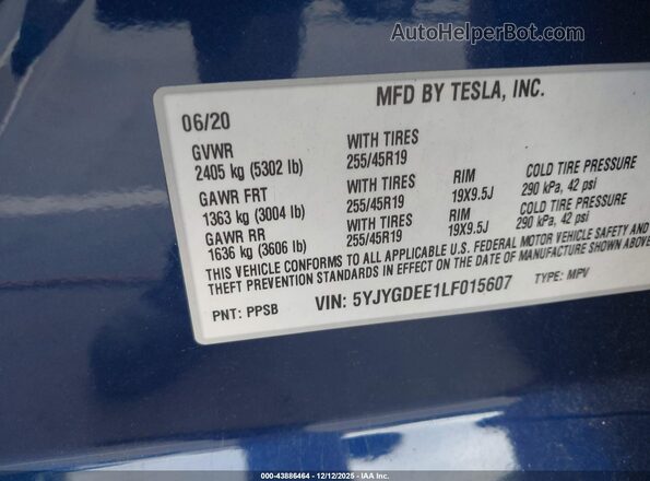 5YJYGDEE1LF015607 2020 TESLA MODEL Y Blue Vista del compartimento del motor
