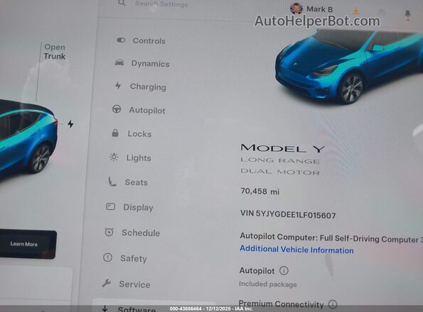 5YJYGDEE1LF015607 2020 TESLA MODEL Y Blue 