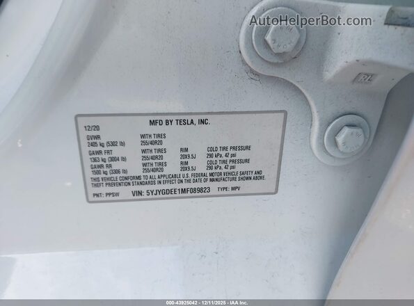 5YJYGDEE1MF089823 2021 TESLA MODEL Y Белый Вид подкапотного пространства