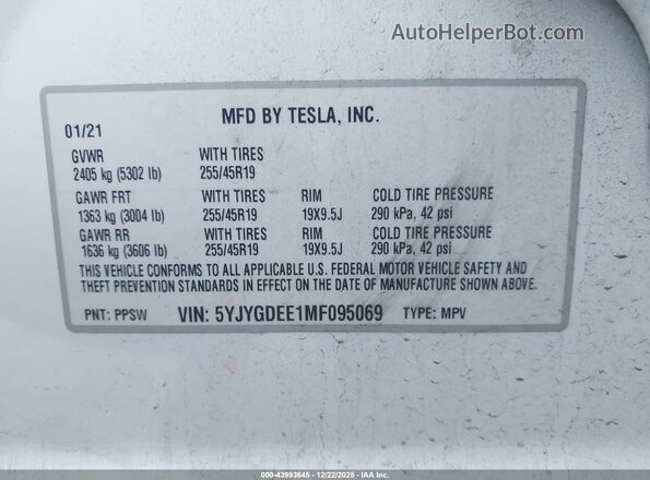 5YJYGDEE1MF095069 2021 TESLA MODEL Y Белый Вид подкапотного пространства