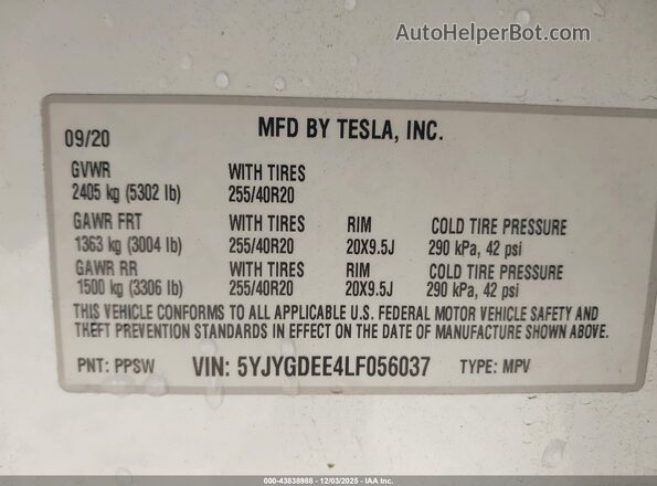5YJYGDEE4LF056037 2020 TESLA MODEL Y White 