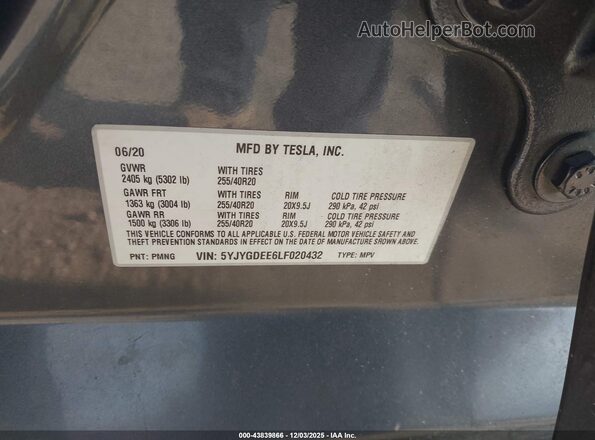 5YJYGDEE6LF020432 2020 TESLA MODEL Y Gray Вид підкапотного простору