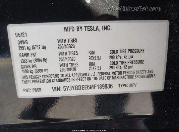 5YJYGDEE6MF189836 2021 TESLA MODEL Y Black Вид підкапотного простору