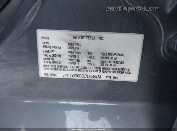 5YJYGDEE7LF044433 2020 TESLA MODEL Y Gray 