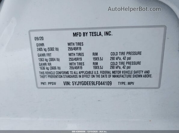 5YJYGDEE9LF044109 2020 TESLA MODEL Y Белый Вид подкапотного пространства